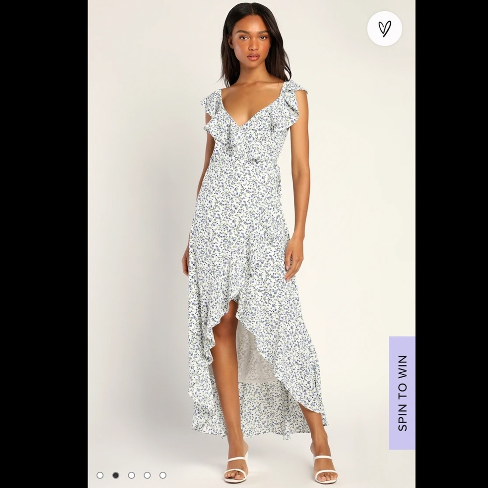 Lulu’s 500 Days of Love White Floral Print Ruffled Wrap High-Low Dress